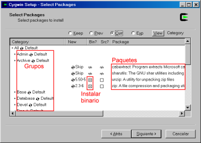 Selector de paquetes del instalador de Cygwin